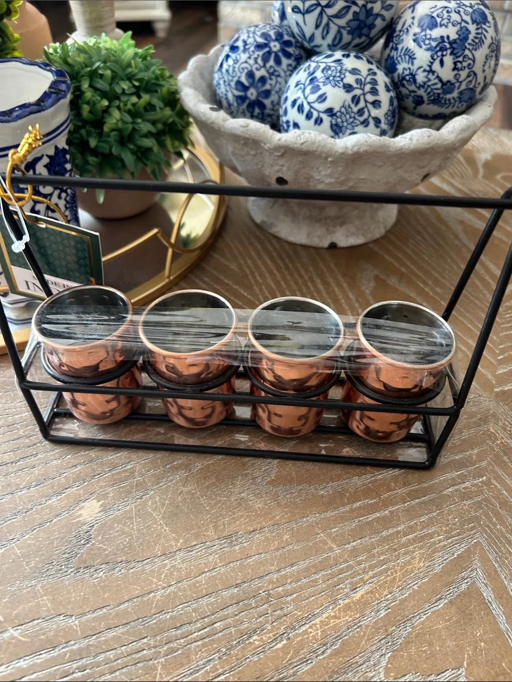 NWT! 5 Piece Bar Set Copper Shot Glass Set with Black Metal Rack